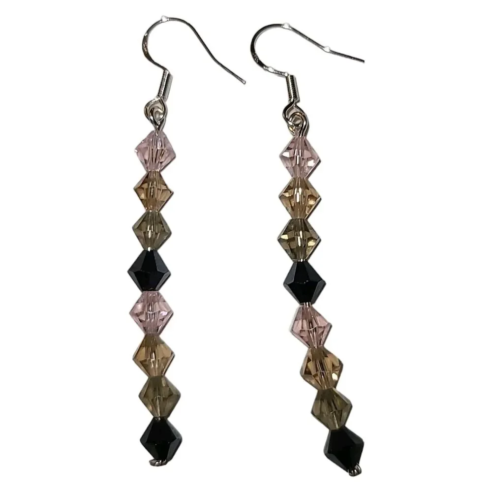 Sterling‎ Silver 925 Black Champagne & Pink Crystal Glass Drop Dangle Earrings